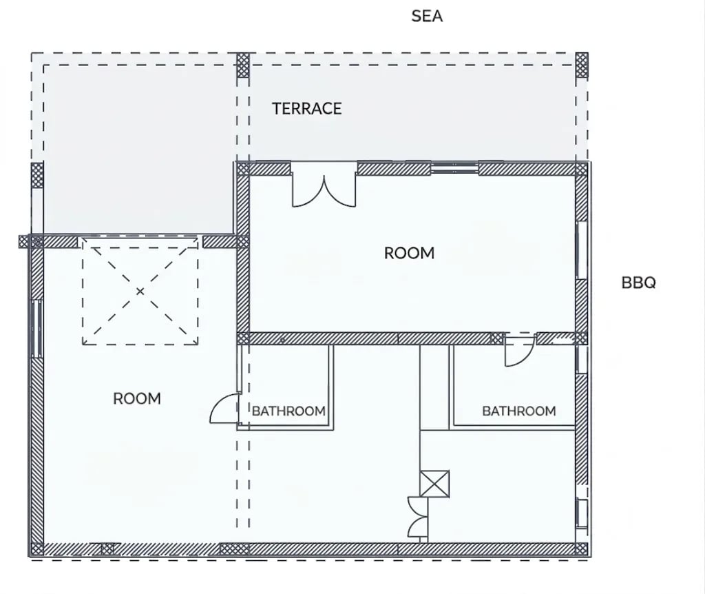 Villa Aqua low ground floor plan with two rooms, two bathrooms, terrace and BBQ